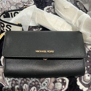 Michael Kors Black Pebbled Leather Crossbody Wallet with Logo Strap
